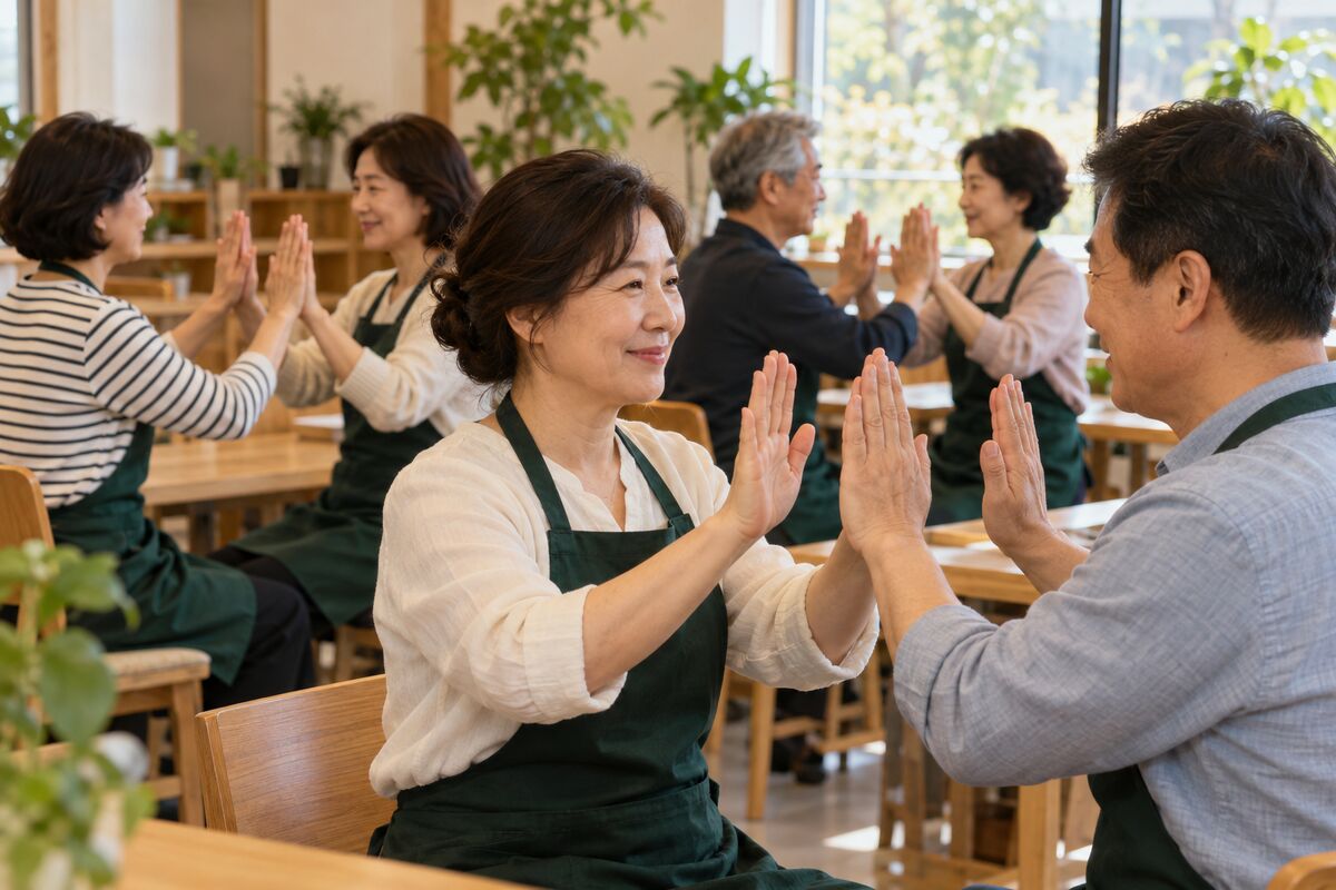 교육생들이 짝을 지어 손 놀이 활동을 실습하는 모습